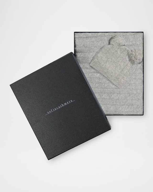Pure Cashmere Cable-Knit Baby Blanket and 2-Pom Hat Set
